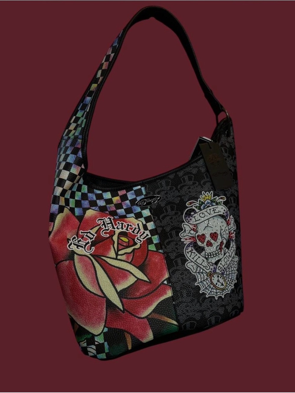 Ed Hardy Black Shoulder Bag with Red Rose & Multi-Color Checker